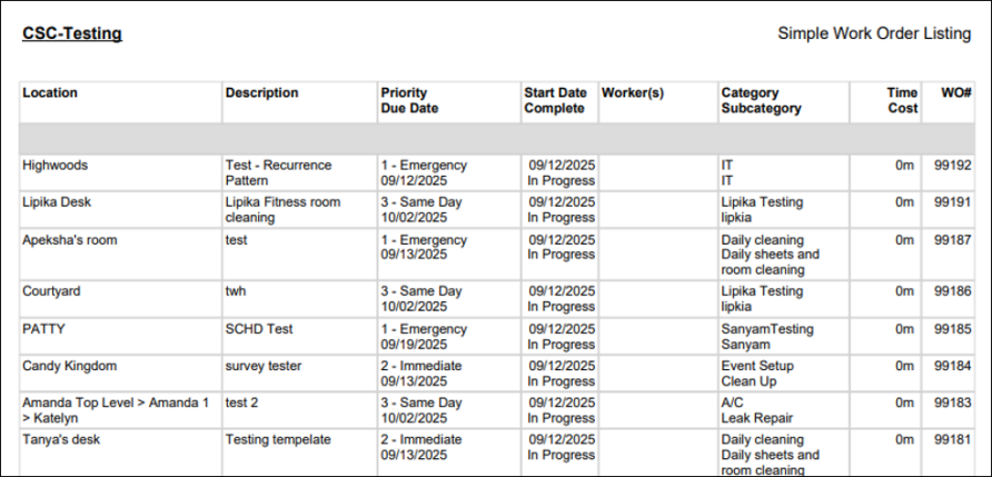 CSC-Testing- Simple Work Order Listing
